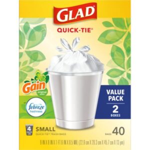 Glad Small Trash Bags, 4 Gallon, 40 Bags (Gain Original Scent, Febreze Freshness, Quick Tie)