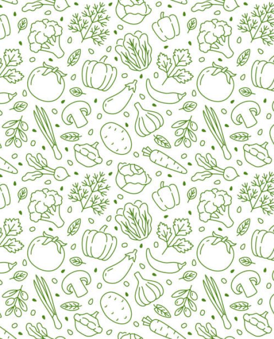 Food background, vegetables seamless pattern. Healthy eating - tomato, garlic, carrot, pepper, broccoli, cucumber line icons. Vegetarian, farm grocery store vector illustration, green white color.